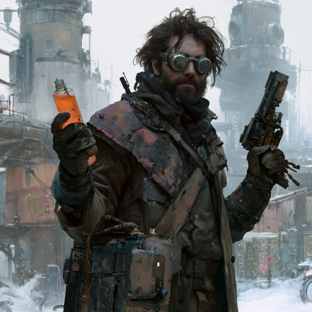 A bearded man in goggles holds a glowing orange potion in one hand and a pistol in the other, against a snowbound industrial wasteland