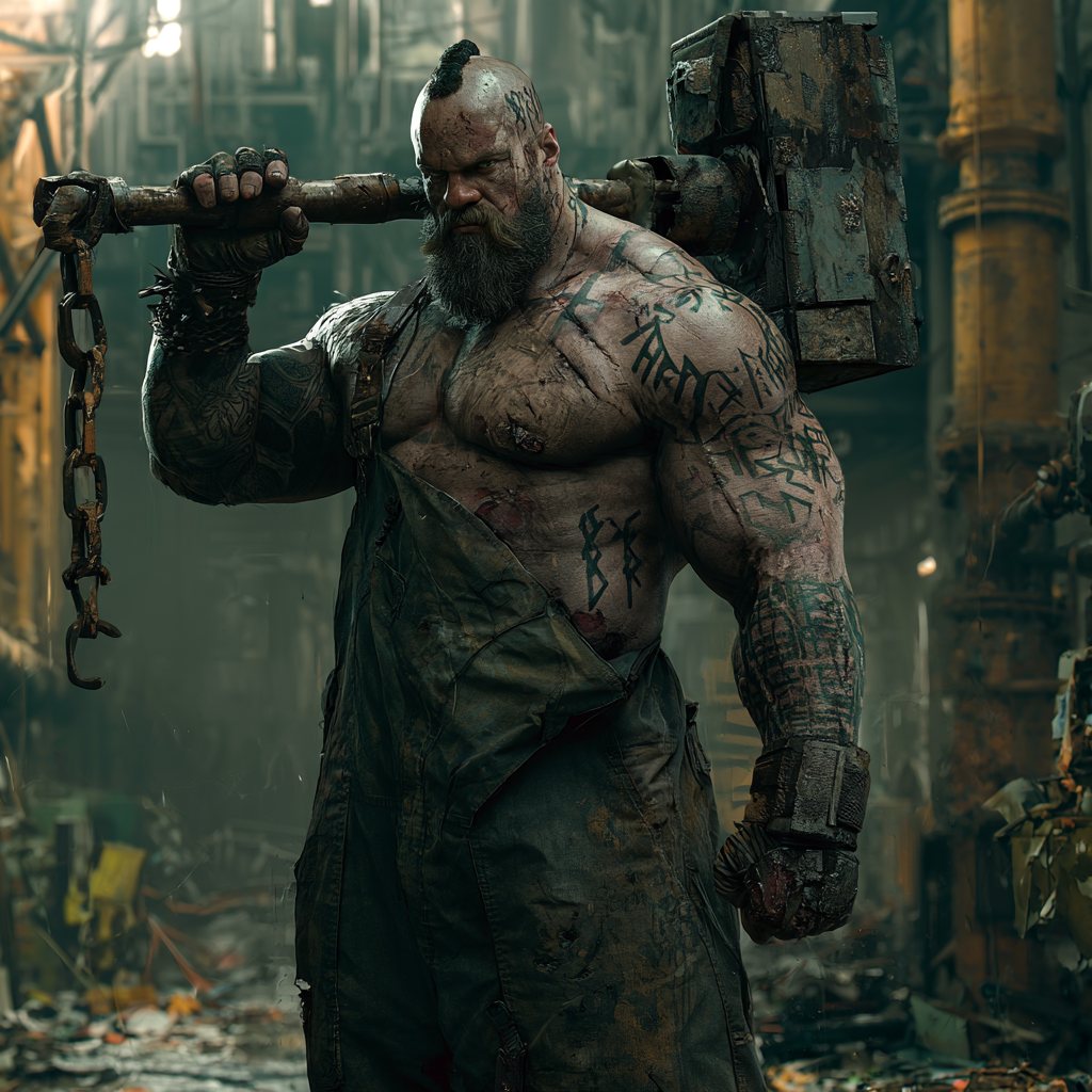 A massive bald tattooed man raises a heavy hammer in a grimy industrial workshop
