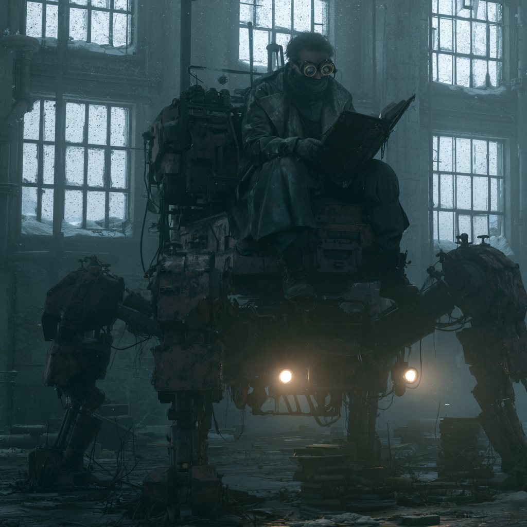 A figure perched atop a massive four-legged industrial mech, reading by the light of a derelict factory hall