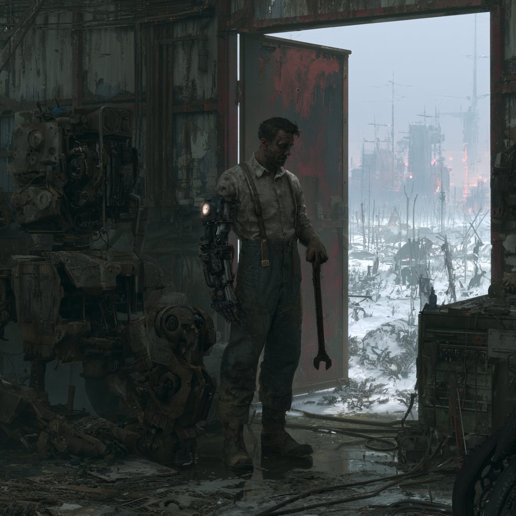 A man with a scrap-built mechanical arm in his workshop doorway, looking out at the snowy industrial wastes