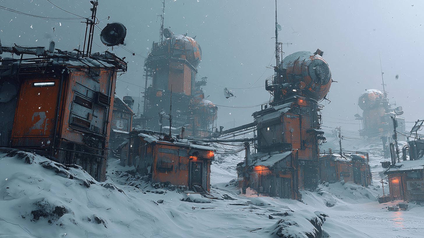 A frozen industrial complex of rust-orange towers, lit by hearth-fire, fading into falling snow