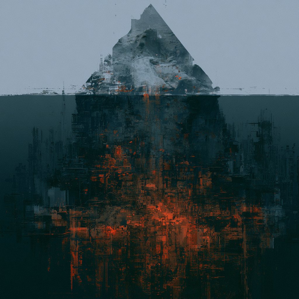 A frozen peak above the waterline; below it, a vast burning labyrinth of machinery descending into darkness