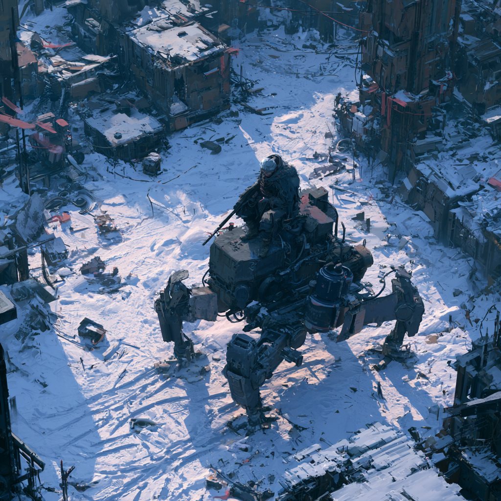 An overhead isometric view of a snow-buried town with a mech rider in the central street