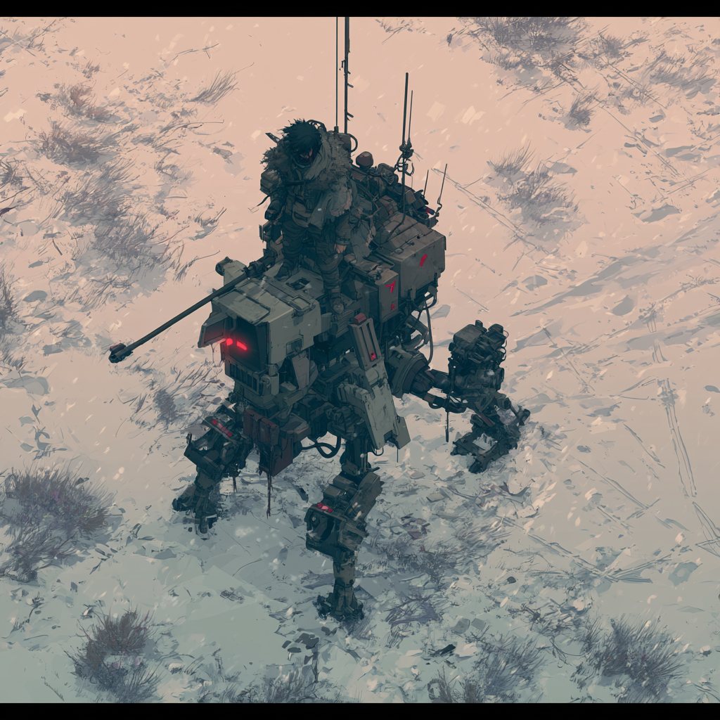 An isometric view of an abandoned industrial mech standing alone in deep snow