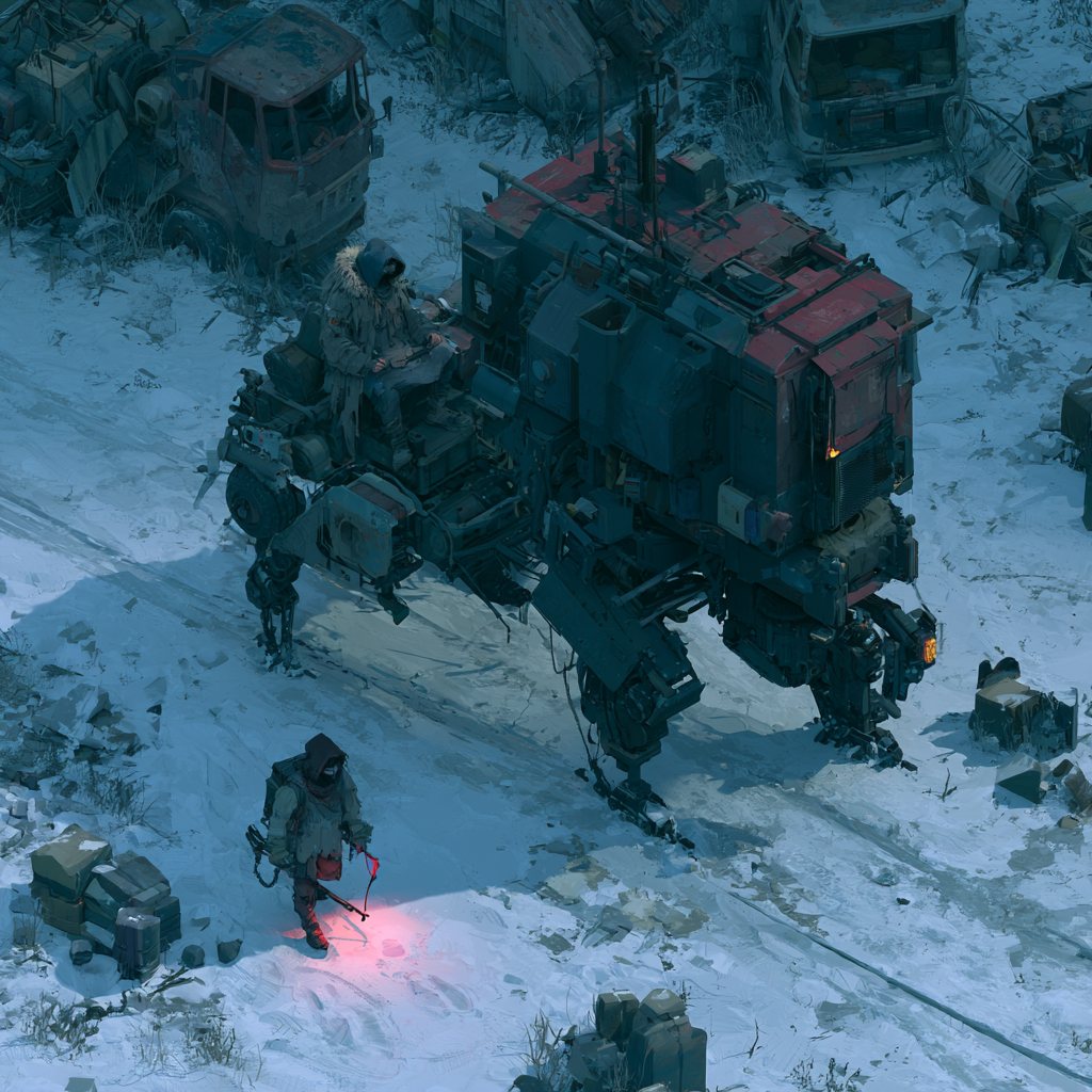 An isometric view of a salvage mech in deep snow, survivors gathered around it