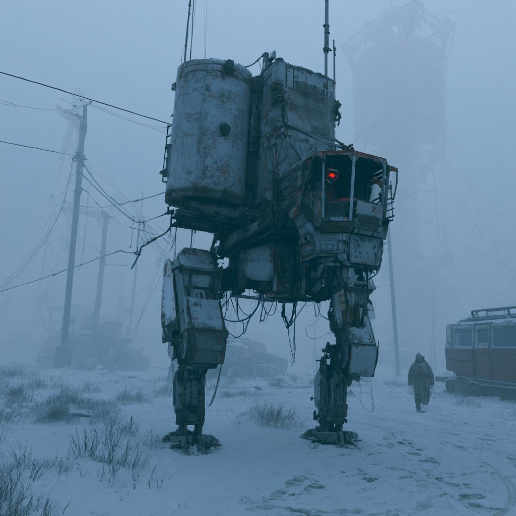 A small pilot trudges past a hulking industrial mech with a glowing red eye in a freezing valley