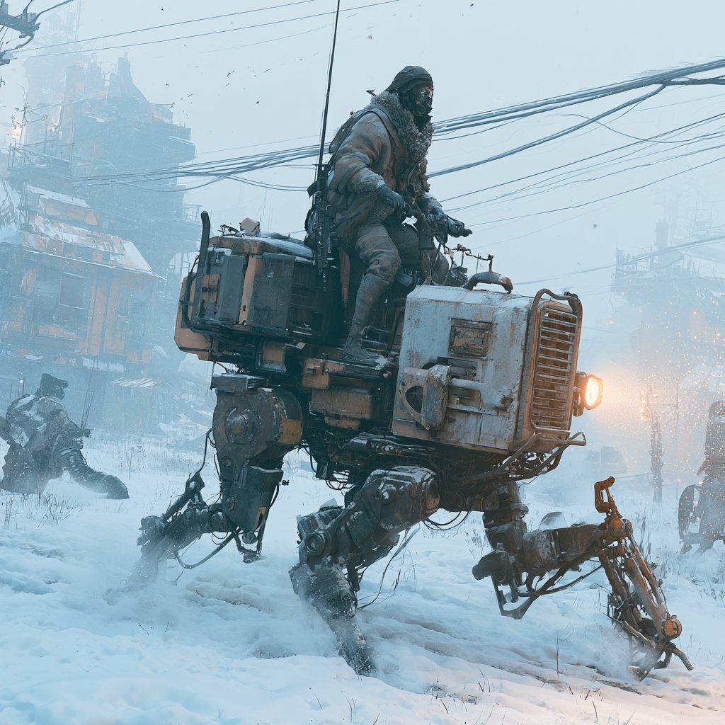 A pilot rides a small four-legged mech through a snow-buried ruined city