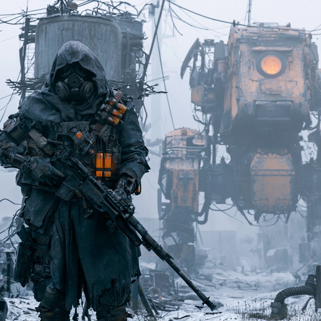 A heavily armed tactical figure stands before a hulking industrial mech with a glowing orange eye in a snowy ruined city