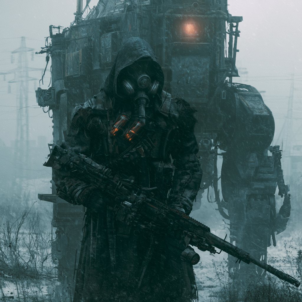 A heavily cloaked figure in a gas mask stands armed in a blizzard, a hulking mech behind