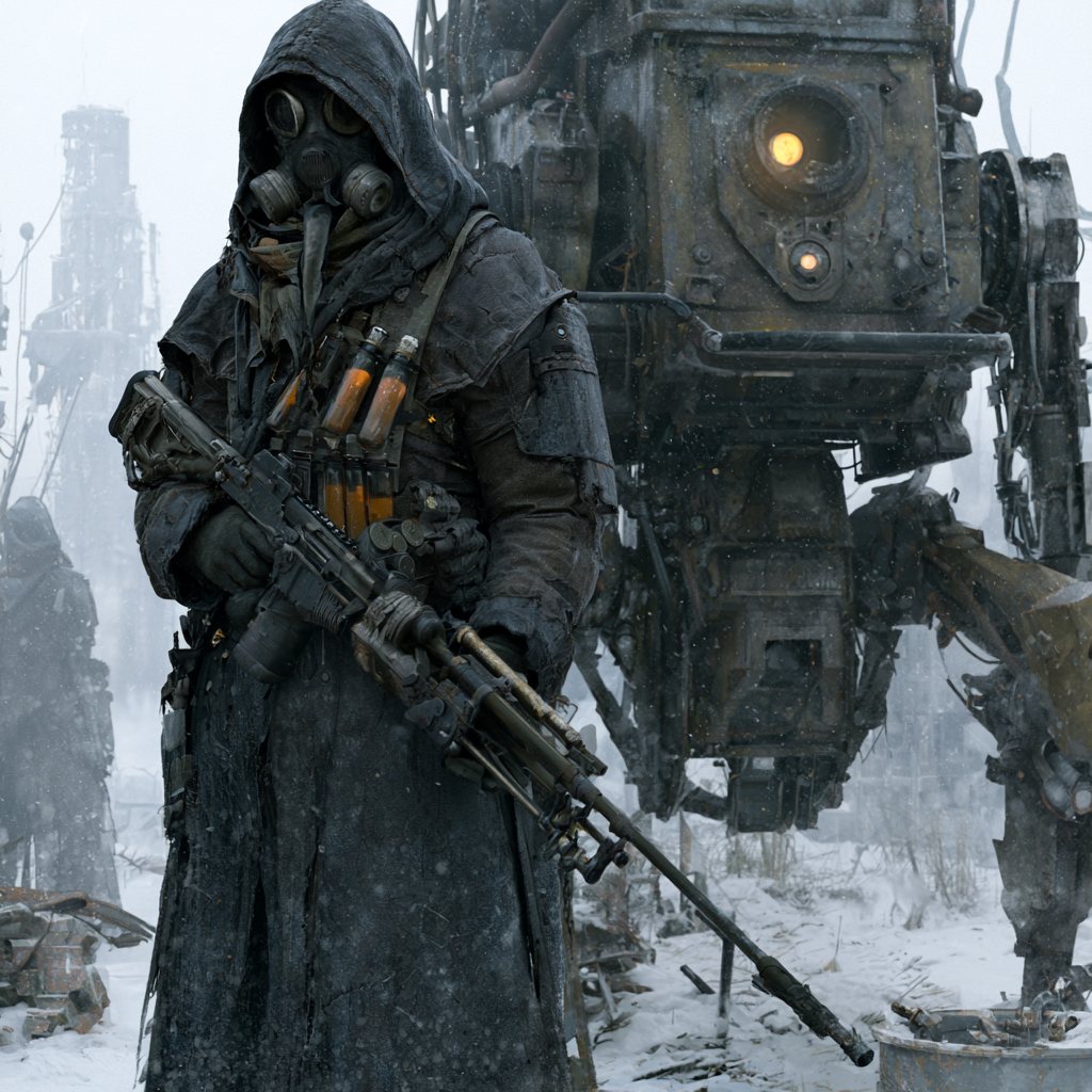 A hooded masked survivor cradles a long rifle in heavy falling snow, an industrial mech looming behind