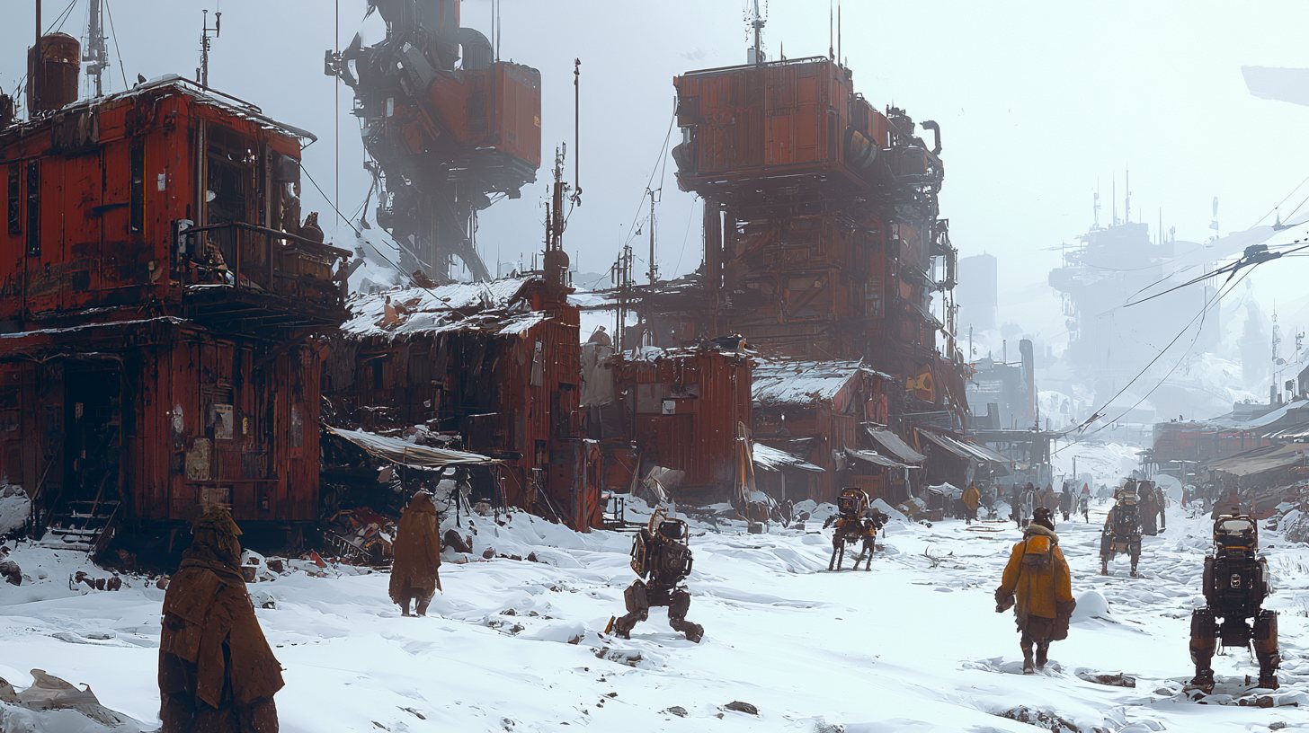 A wide shot of a snowy trade-hub street, figures and a mech among rust-orange industrial structures